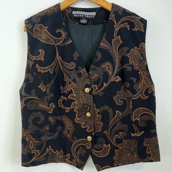 Vintage Jackets & Blazers - Ellen Tracy Linda Allard Paisley Print Sleeveless Vest VTG Wool Women’s Size 14